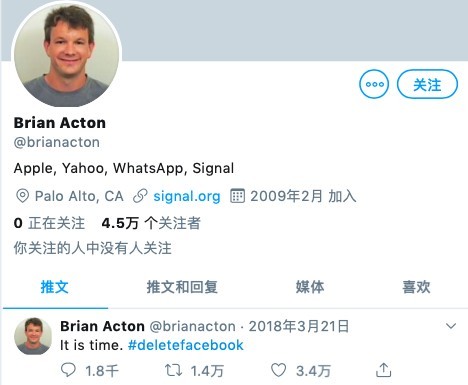 2018年初,Facebook因劍橋分析公司事件被指濫用平台用戶事件爆發後,Brian Acton突然在官方Twitter上發佈一條貼文,指:「It is time. #deletefacebook」