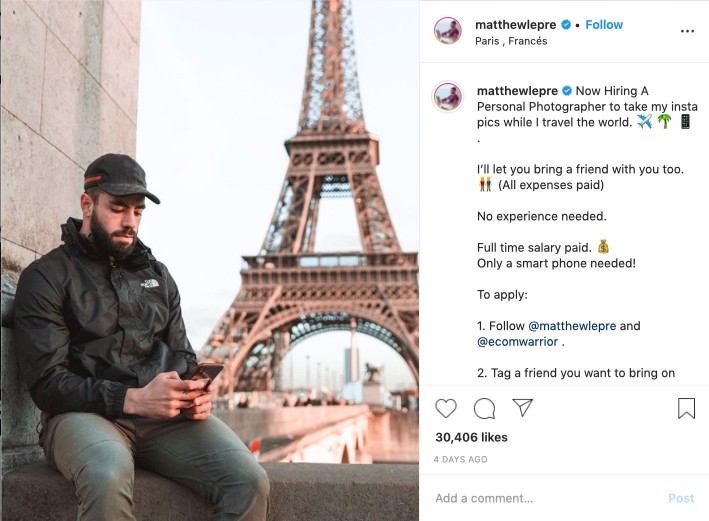 這位年僅26歲的年輕富豪馬修(Matthew Lepre)日前在個人Instagram上發文徵人