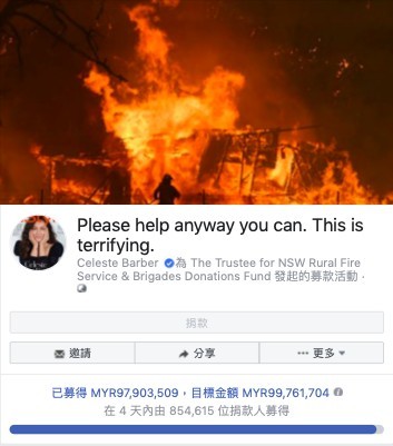 澳洲搞笑演員莎莉絲芭柏(Celeste Barber)3日在臉書上發起名為「Please help anyway you can. This is terrfying」募款活動,預呼籲全球民眾一起捐款幫助澳洲大火的受災戶與救援人員。募款活動在4天內已籌得約3497萬澳幣(約1.88億港元)。
