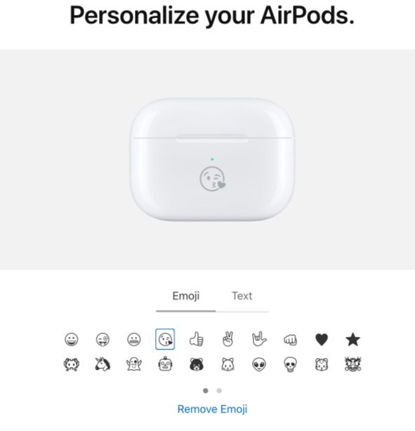 如想要幫新買的AirPods Pro和AirPods加入雷射鐫刻表情符號服務,只要點擊加入購物袋時,點選「免費個人化服務」,再選擇擬想要的表情符號、名字、號碼等。但大家須注意,買家只能擇一選擇文字或表情符號,不能兩個都選。