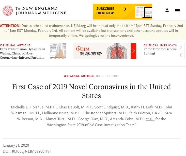 美國醫療團隊日前在1月31日出版的《新英格蘭醫學雜誌》(The New England Journal of Medicine)發表美國首宗2019新型冠狀病毒(2019-nCoV)病例的治療過程紀錄。