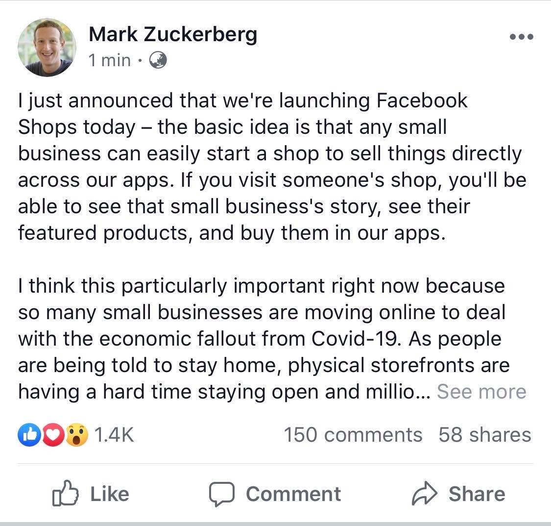 Facebook(美股代號:FB)創辦人朱克伯格(Mark Zuckerberg)19日宣布推出全新服務「Facebook Shops」.