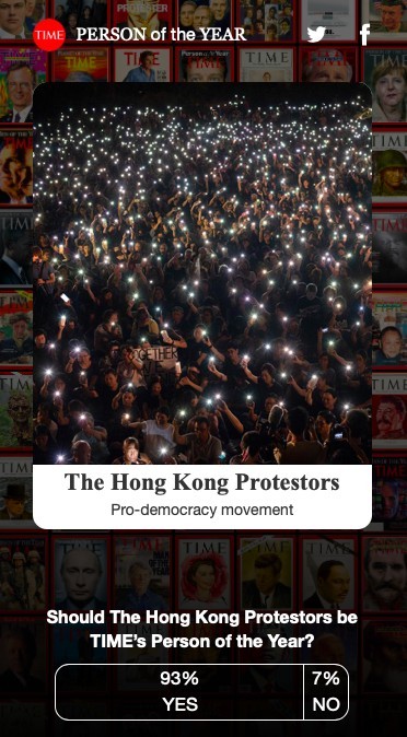 香港示威者今年與中國國家主席習近平、美國總統特朗普(Donald Trump)、韓國團體BTS 防彈少年團等人並列《時代雜誌》「年度風雲人物」候選名單。