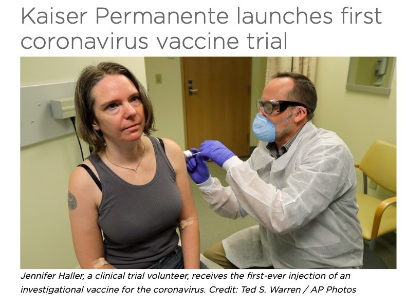 西雅圖凱薩醫療機構華盛頓研究所(Kaiser Permanente Washington Health Research Institute)展開新冠肺炎疫苗的第一階段臨床研究,此款疫苗代號為mRNA-1273,由美國國家衛生研究院,與麻州生物技術公司Moderna Inc.共同開發。