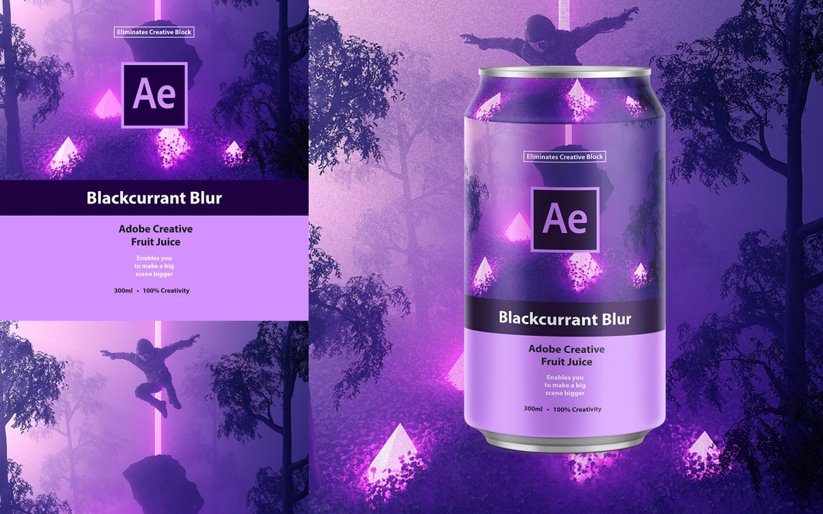 「After Effect 黑加侖模糊」，軟件銳化和模糊效果是紫色的外包裝靈感來源。這款包裝設計顯得神秘夢幻，比喻著After Effect強大的後期特效功能。