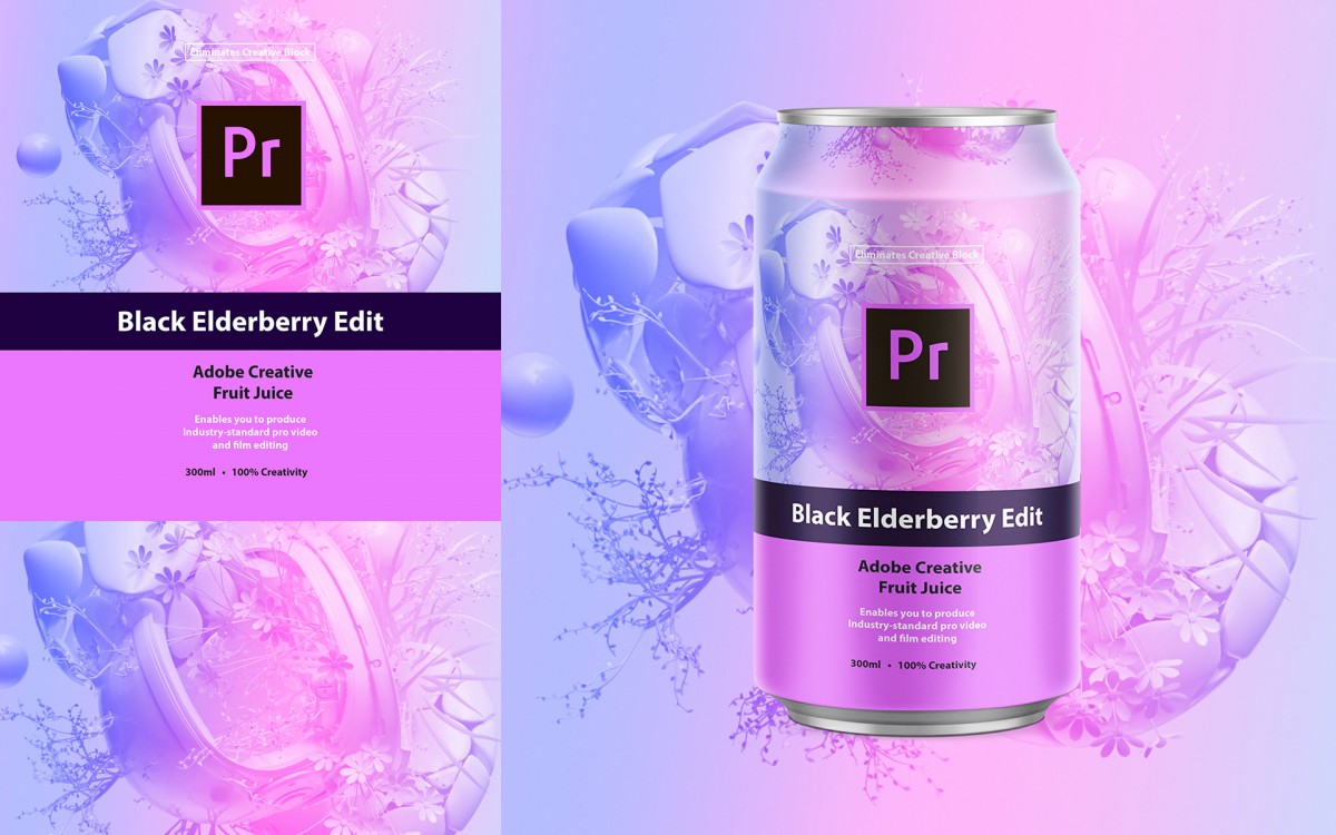 「Premiere 黑接骨木編輯」，JQ Studio ∆選用了Premiere粉紫色的主色調，口味被定為黑接骨木風。