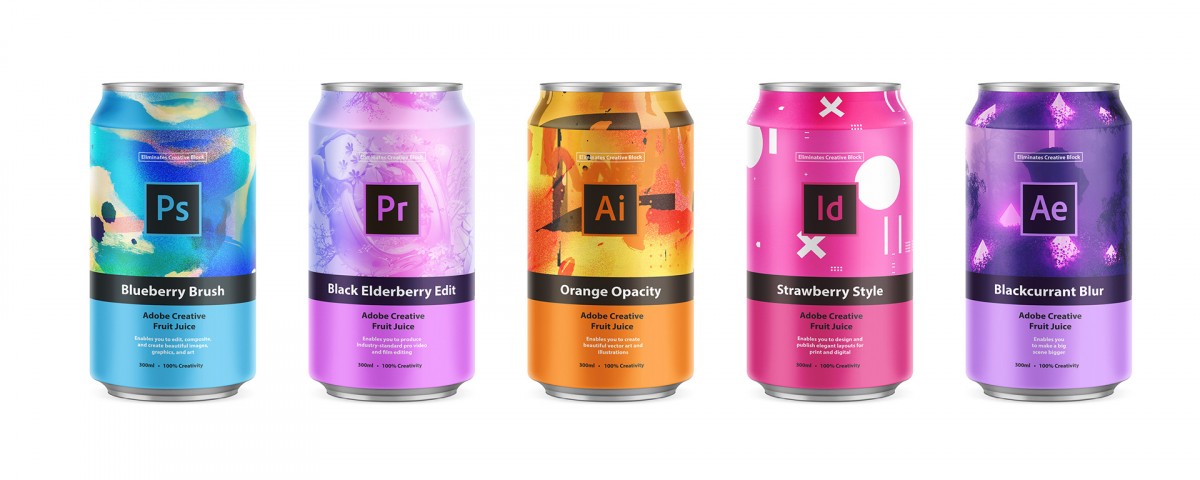 每款飲料包裝顏色都與軟件本身顏色對應，較比市場上的飲料包裝，更有趣味新鮮感。這個概念設計系列被叫做Adobe Creative Fruit Juice。