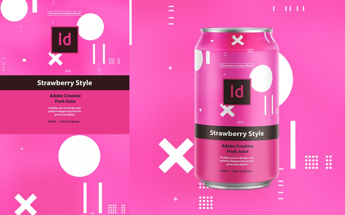 「InDesign 草莓模板」，設計師採用了InDesign亮眼的桃紅色，取名「草莓模板」正好相應編輯軟件提供內建模板的功能。