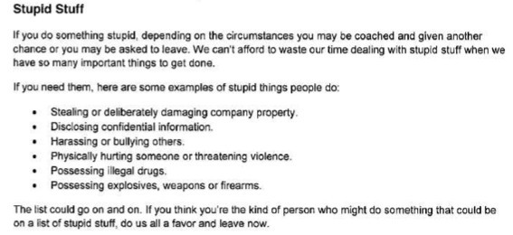 如果你做了愚蠢的事，根據不同的情況，你可能會得到指導，或者得到一次新的機會，也有可能被要求離開。我們無法把時間浪費在處理愚蠢的事情上