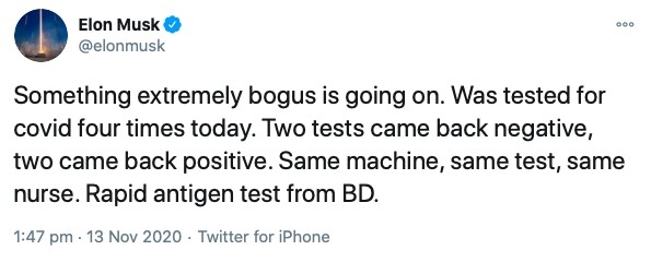 馬斯克Twitter貼文中稱,同樣的機器,同樣的測試,同樣的護士。4次檢測結果2次呈陰性2次呈陽性,用的都是來自Becton Dickinson公司的抗原檢測。