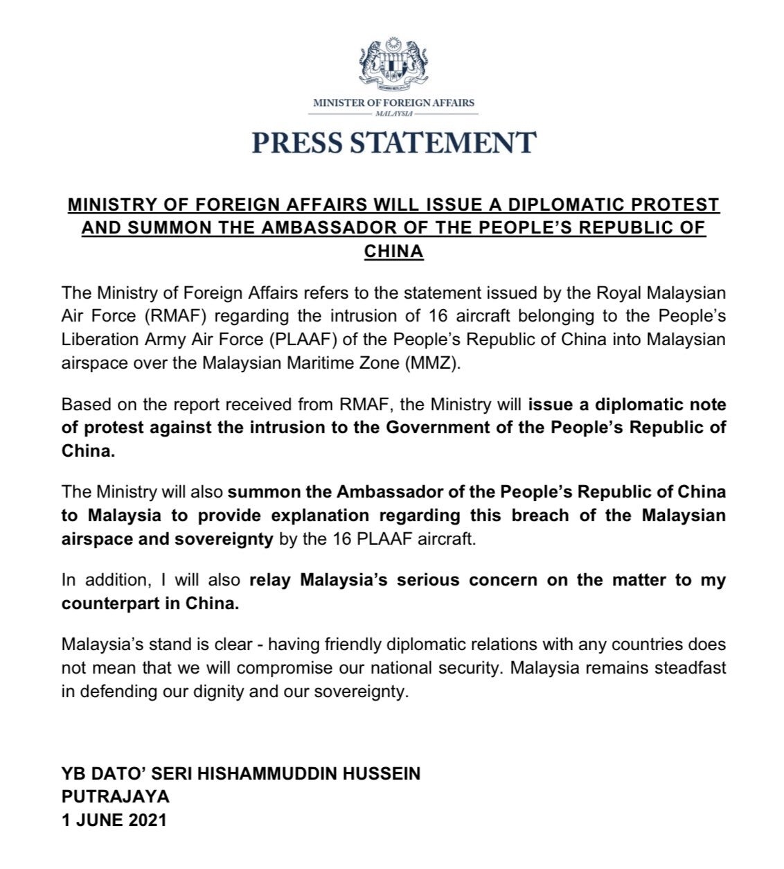 Twitter@ Hishammuddin Hussein