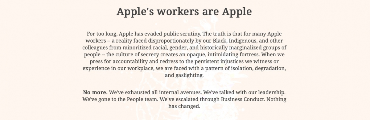 蘋果內部一群員工早前組織了一個名為「AppleToo」的網站,旨在收集和揭露公司內部的種族主義、性別歧視、不平等待遇等事件。