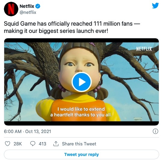 Netflix在官方Twitter發文表示,韓國導演黃東赫花了10年打造《魷魚遊戲》,不過僅花了17天就達到破1.1億的觀看次數,創下Netflix收視神話