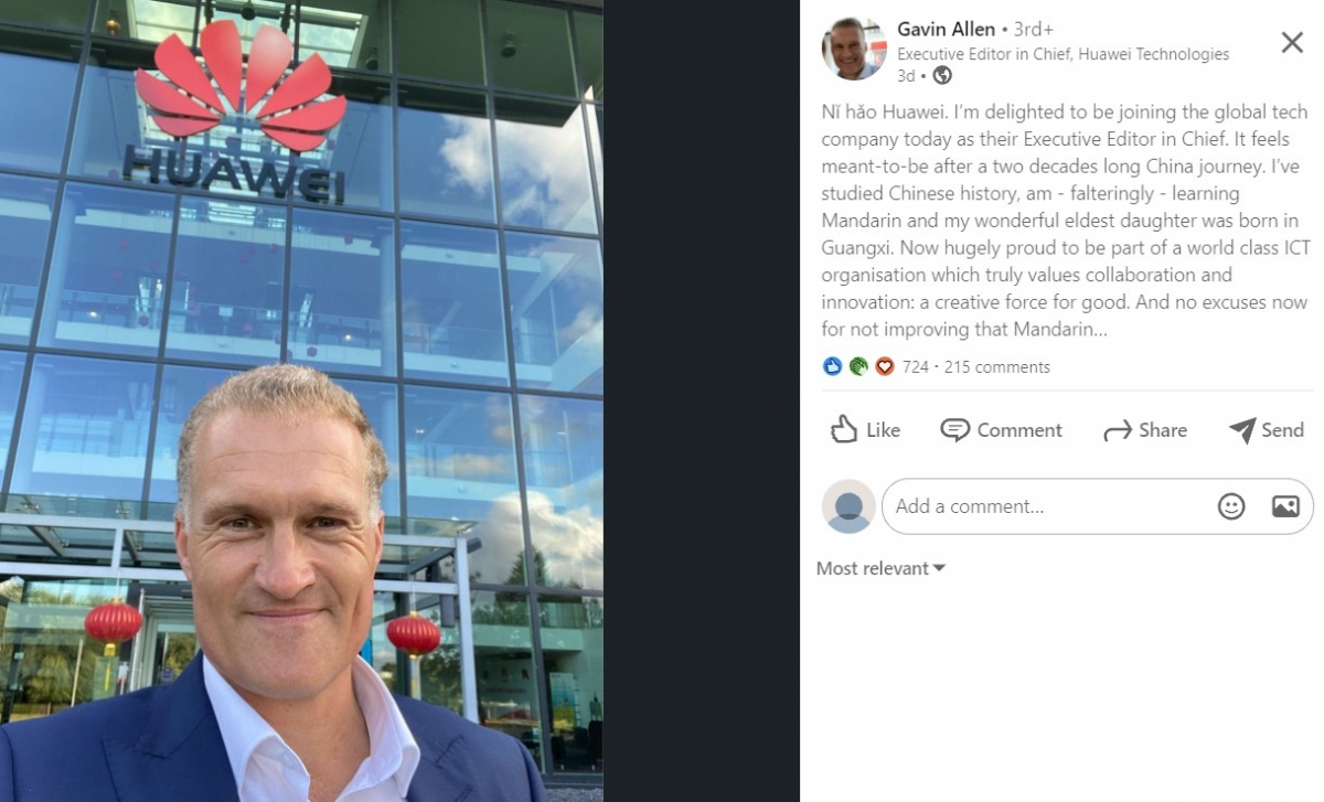 過去曾長時間駐派中國的《BBC》新聞前負責人艾倫於9月28日在職業社交平台領英(LinkedIn)上傳了一張位於華為門口的自拍照,並在帖文中宣佈自己即將在華為擔任執行主編。