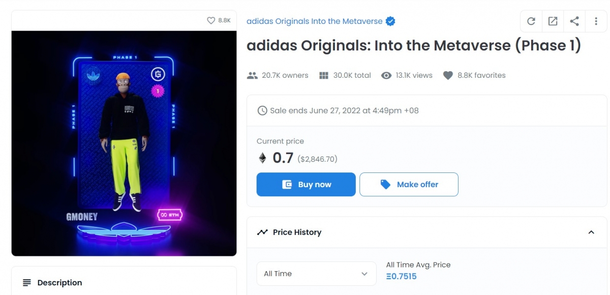 Adidas表示，若錯過今次發售，有意收集的消費者僅能透過Opensea二手市場購買。