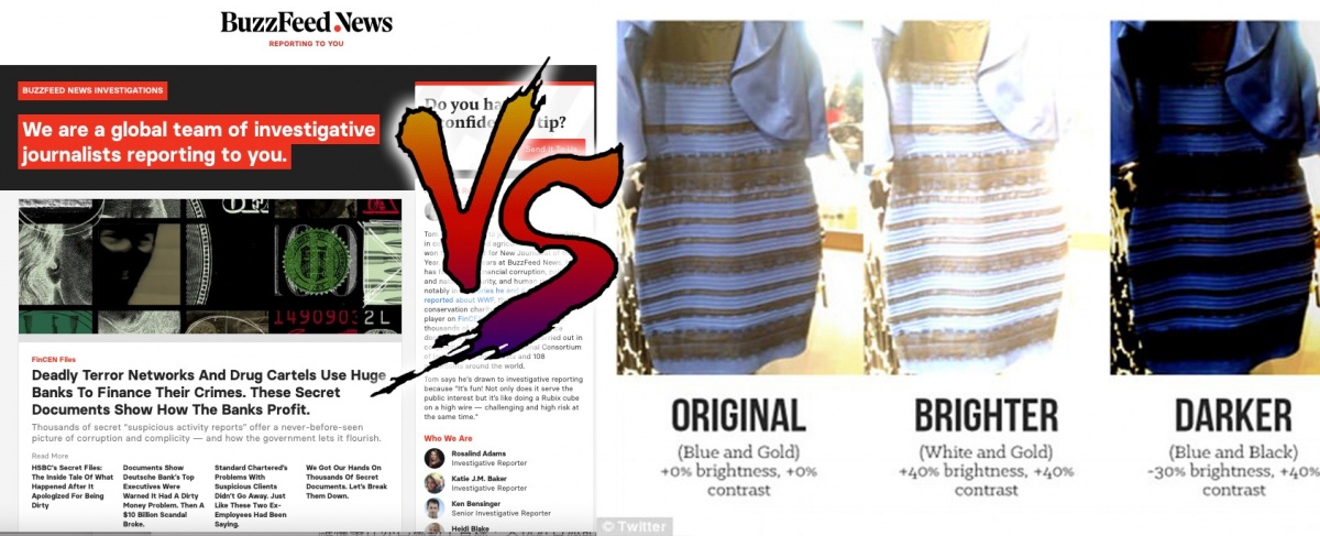 擅長社交熱話的BuzzFeed(右)與主力偵查報道的BuzzFeednews(左),風格差異極大。