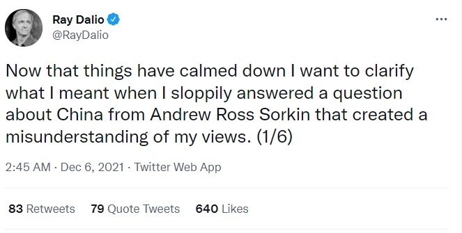 事發後,達里奧於當地時間6日凌晨在社交媒體Twitter和LinkedIn上連續發佈多文澄清並致歉。