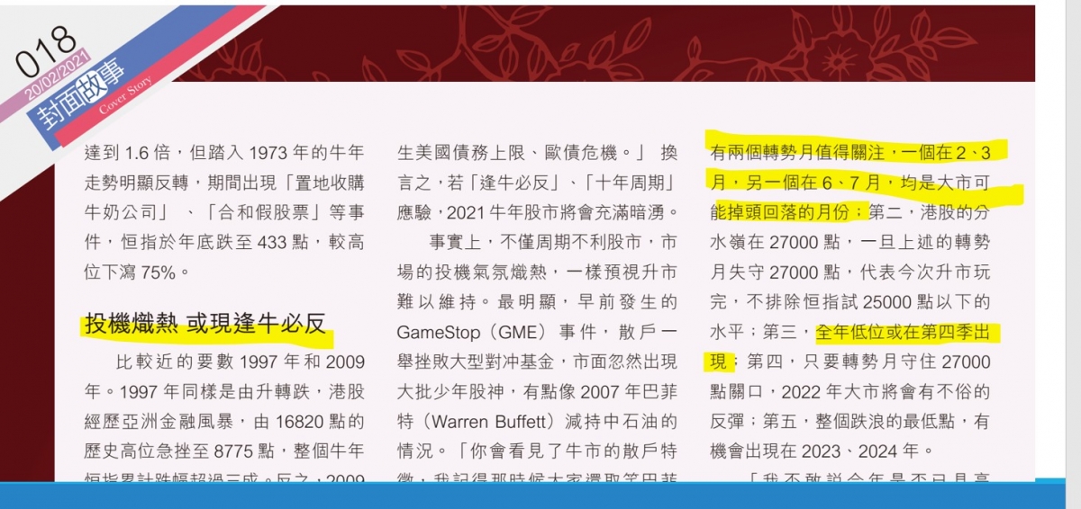 回顧2021年小龍的分析,小龍在年初接受香港某一本財經雜誌訪問時,提及港股的時間,以「逢牛必轉」形容2021年港股的走勢。