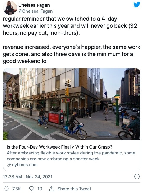 費根表示公司今年落實四天工作制後，已經無法重回五天工作日.