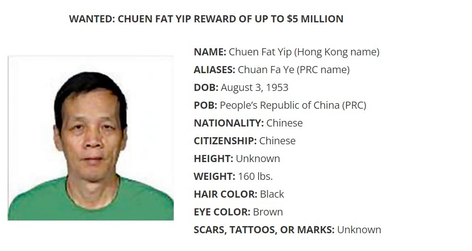 除了被當局指控為世界最大的芬太尼供應商之一，葉全發亦被聯邦政府發出懸賞最高500萬美金的「全球通緝令」