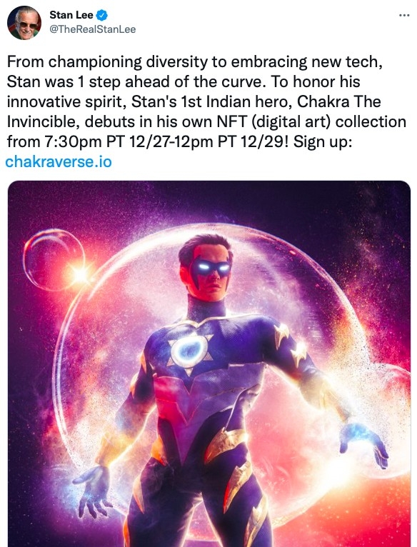 管理者於14日在史丹李帳號上發佈《Chakra The Invincible》的NFT宣傳貼文。