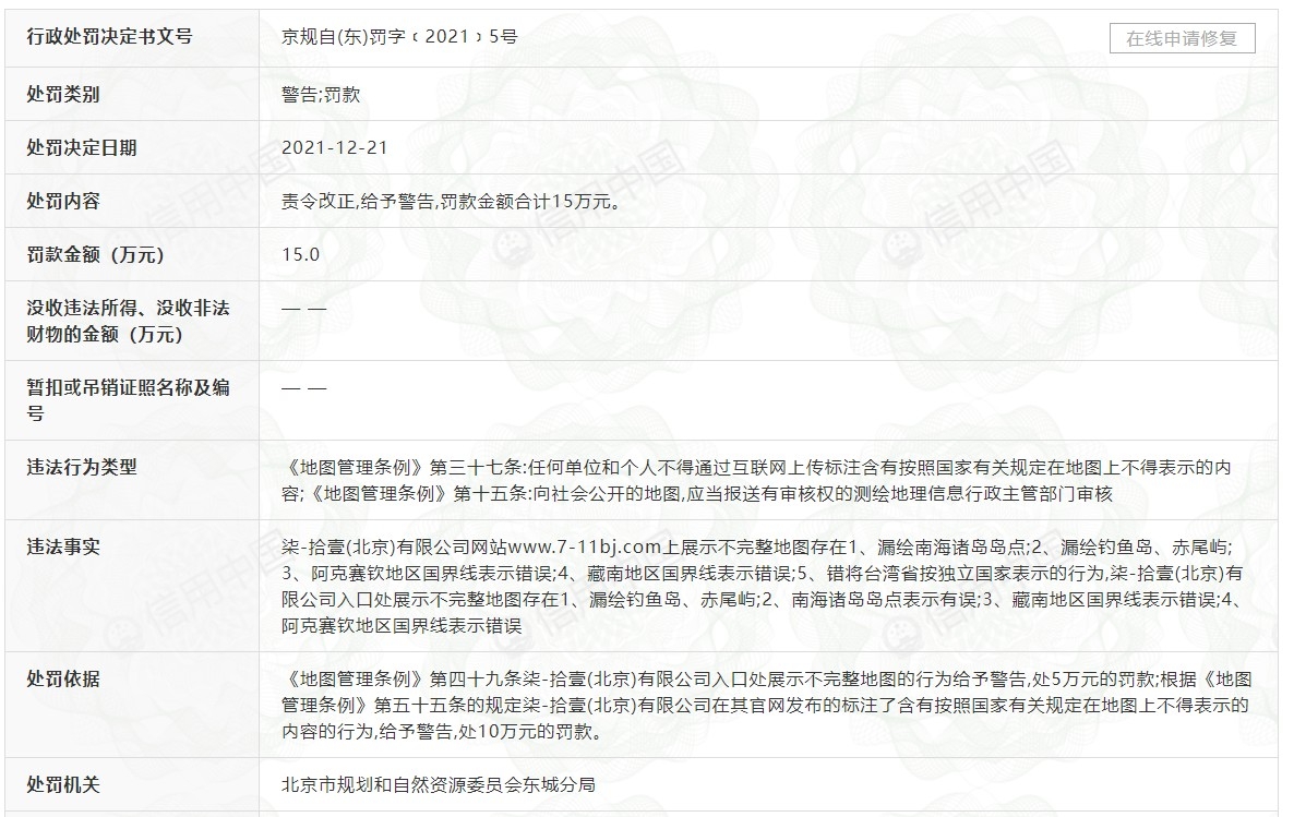 中國7-11公司因早前在官網上和公司入口展示不完整地圖、以及將台灣標識為「獨立國家」遭罰18萬元。