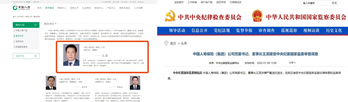 中國人壽董事長王濱遭中紀委調查,中人壽官網急刪王濱(紅圈所示)的個人資料。