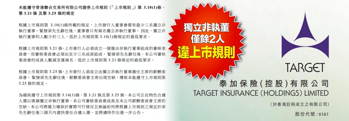 泰加保險再有獨立非執行董事辭職,致違反上市規則。