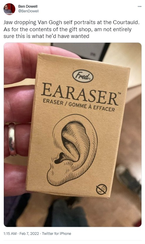 倫敦科陶德美術館早前在舉辦梵高畫展的同時，因紀念品商店推出的耳朵造型橡皮擦被認為將精神疾病當笑話引起抨擊。