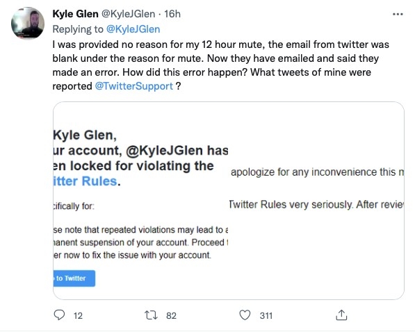 OSINT 研究員 Kyle Glen 的帳戶遭到鎖定近12小時。