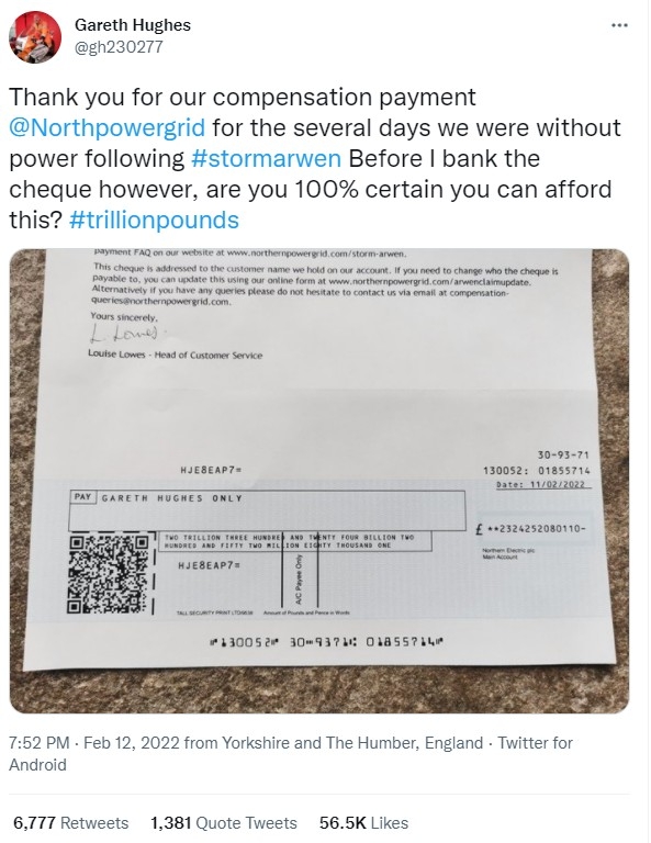 電力公司Northern Powergrid日前擺烏龍,誤向客戶發放高達2.3萬億英鎊的賠償支票。