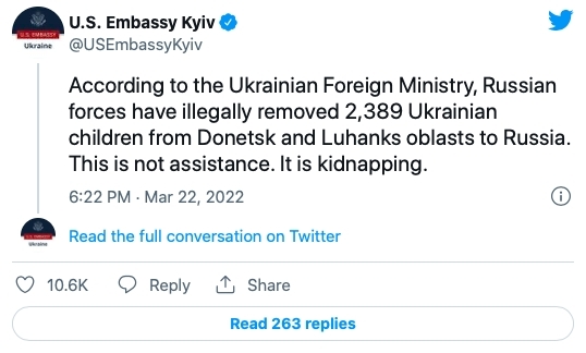 美國駐基輔大使館譴責俄羅斯此舉「這不是援助，而是綁架」