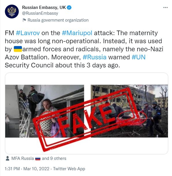 俄羅斯駐英國倫敦大使館早前不僅否認俄方對平民展開襲擊，甚至還表示相關新聞不實，涉及孕婦是由當地KOL所扮演。