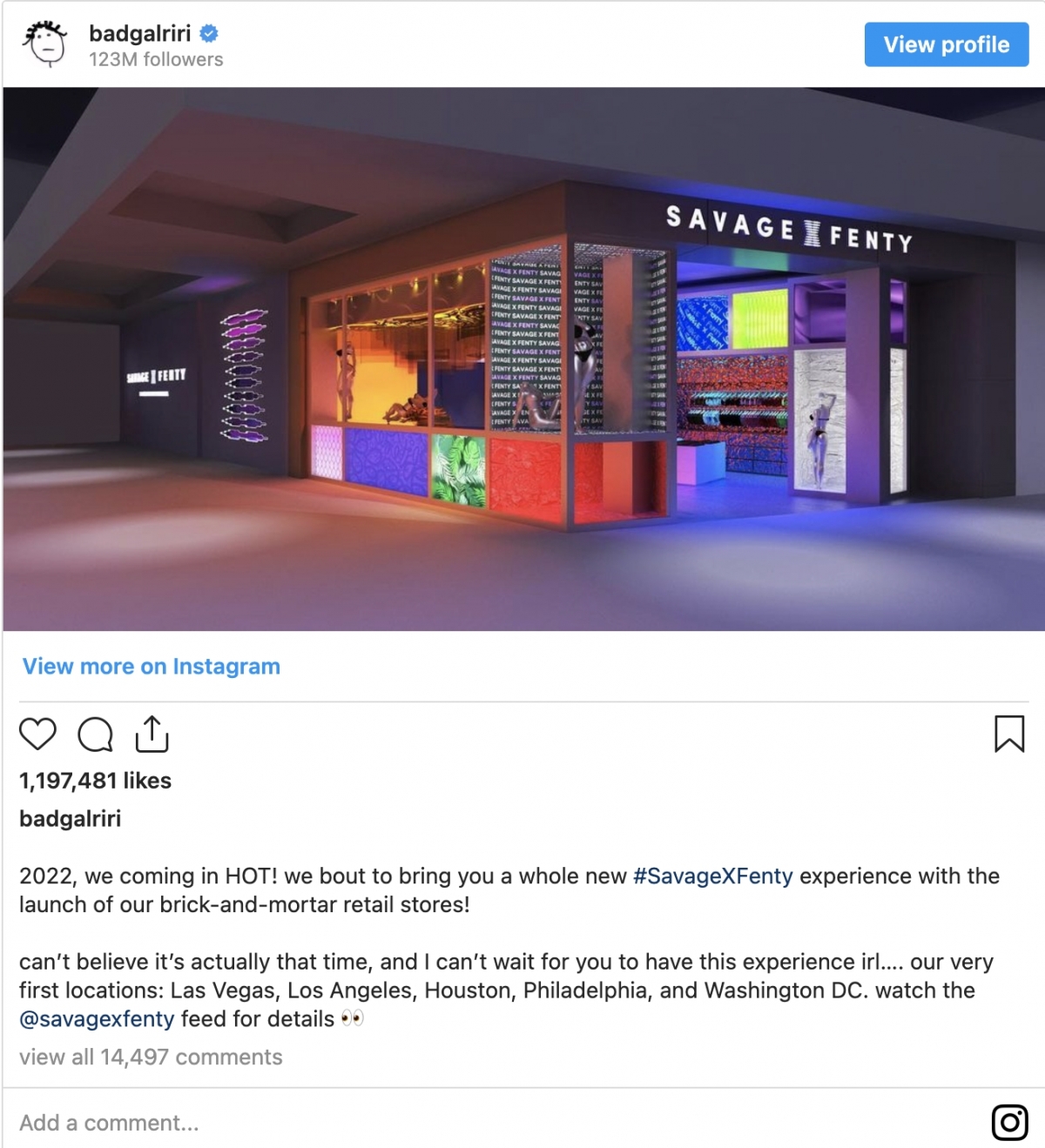 Savage X Fenty將會首次開設實體店,分別位於拉斯維加斯、洛杉磯、費城、華盛頓及侯斯頓。