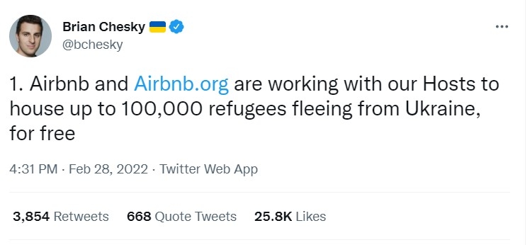 Airbnb聯合創始人兼執行總裁切斯基（Brian Chesky）同日亦在Twitter宣佈，公司將為多達10萬名逃離烏克蘭的難民免費提供短期的臨時住宿。