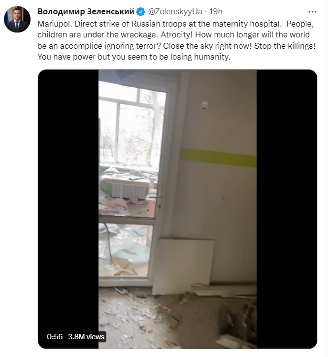 澤連斯基在Twitter上痛斥俄軍襲擊醫院的行為是犯下「戰爭罪行」，並再次呼籲北約迅速在烏克蘭上空設禁飛區。