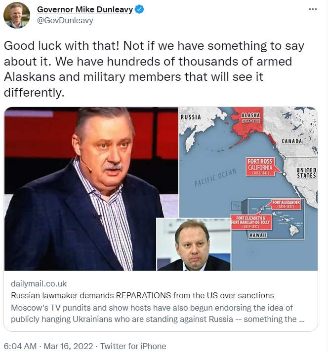 對於Oleg Matveychev的要求，阿拉斯加州州長鄧利維16日透過Twitter嘲諷地向Oleg Matveychev喊話指「祝你好運！」