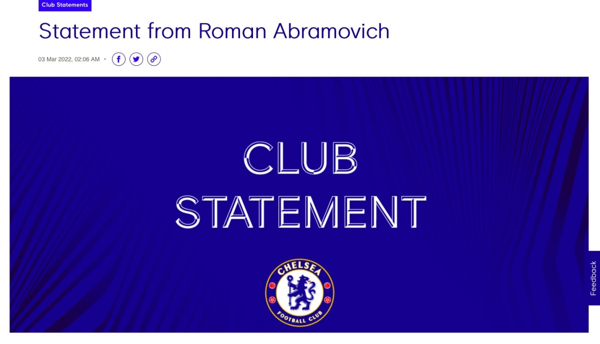 艾巴莫域治（Roman Abramovich）宣布出售英格蘭足球超級聯賽車路士俱樂部（Chelsea Football Club）