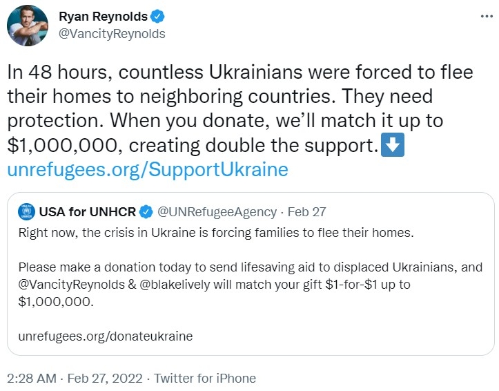 Ryan Reynolds在貼文中除了呼籲大衆捐款之外，亦稱他與妻子碧琪麗芙莉將捐出和募款總額一樣的數字，這意味著届時將有雙倍的善款用於資助烏克蘭難民。