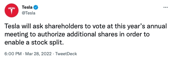 Tesla在Twitter上表示,擬在今年股東大會上提出拆股。