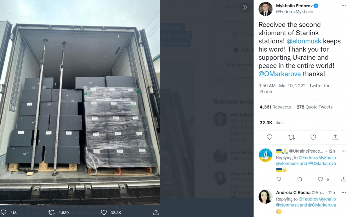 自俄羅斯入侵烏克蘭以來,馬斯克就一直以行動積極表態支持烏克蘭,費多羅夫10日亦在Twitter發文感謝馬斯克遵守承諾。