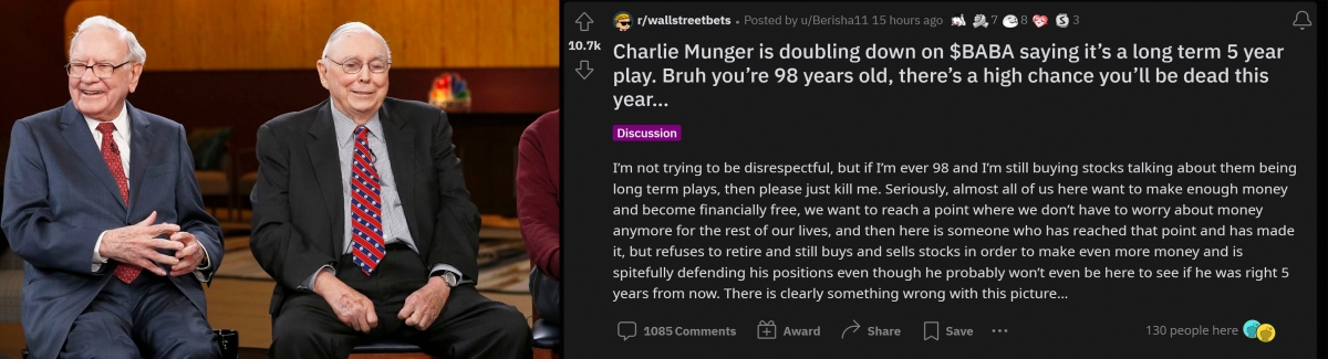 Reddit的網民認為,98歲的芒格早應該享清福,不應該再去研究基金的投資。