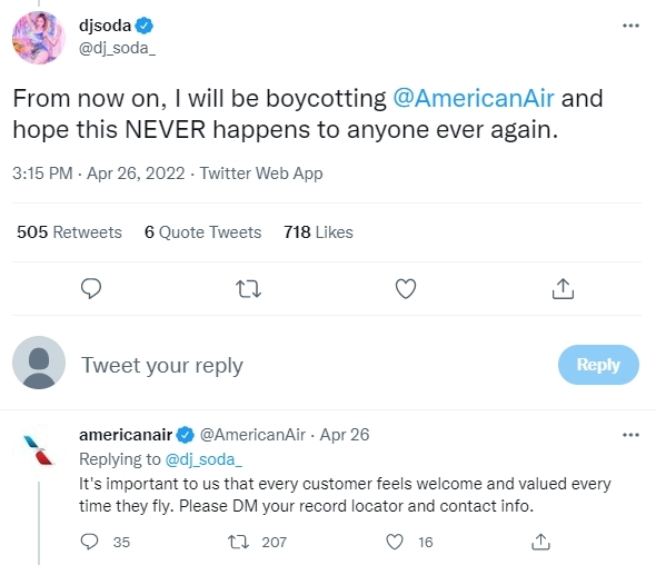 對於上述指控,美國航空僅透過Twitter回應稱客戶的飛行感受對他們至關重要,並要求DJ Soda提供相關的資料與聯絡方式。