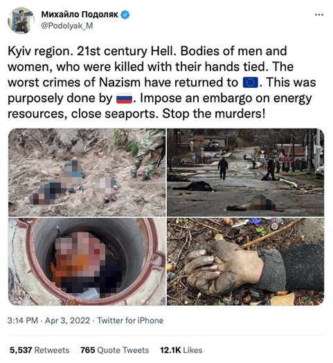 烏克蘭總統顧問波多利亞克(Mychajlo Podoljak)在Twitter發文批評俄軍