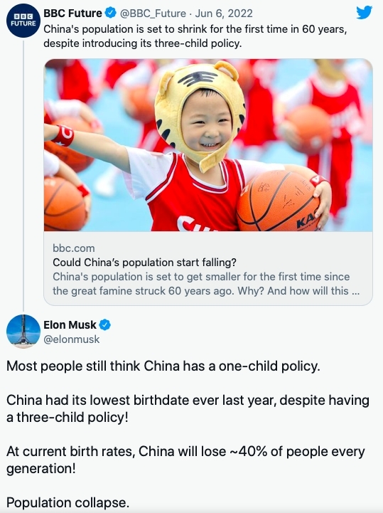 馬斯克隨後針對報道評論表示,「多數人還以為中國實行一胎化政策。中國去年出生率創歷來新低,儘管已有三孩政策!」