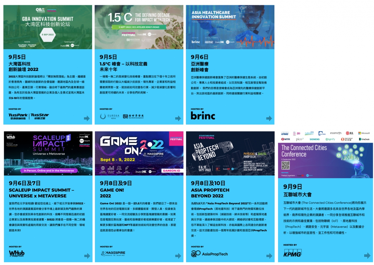 為期一周的創業節包含七個主要活動及多個社群活動,不但邀請到全球業界領袖發表主題演講, 還設有多場研討會與創業家探討各種議題。