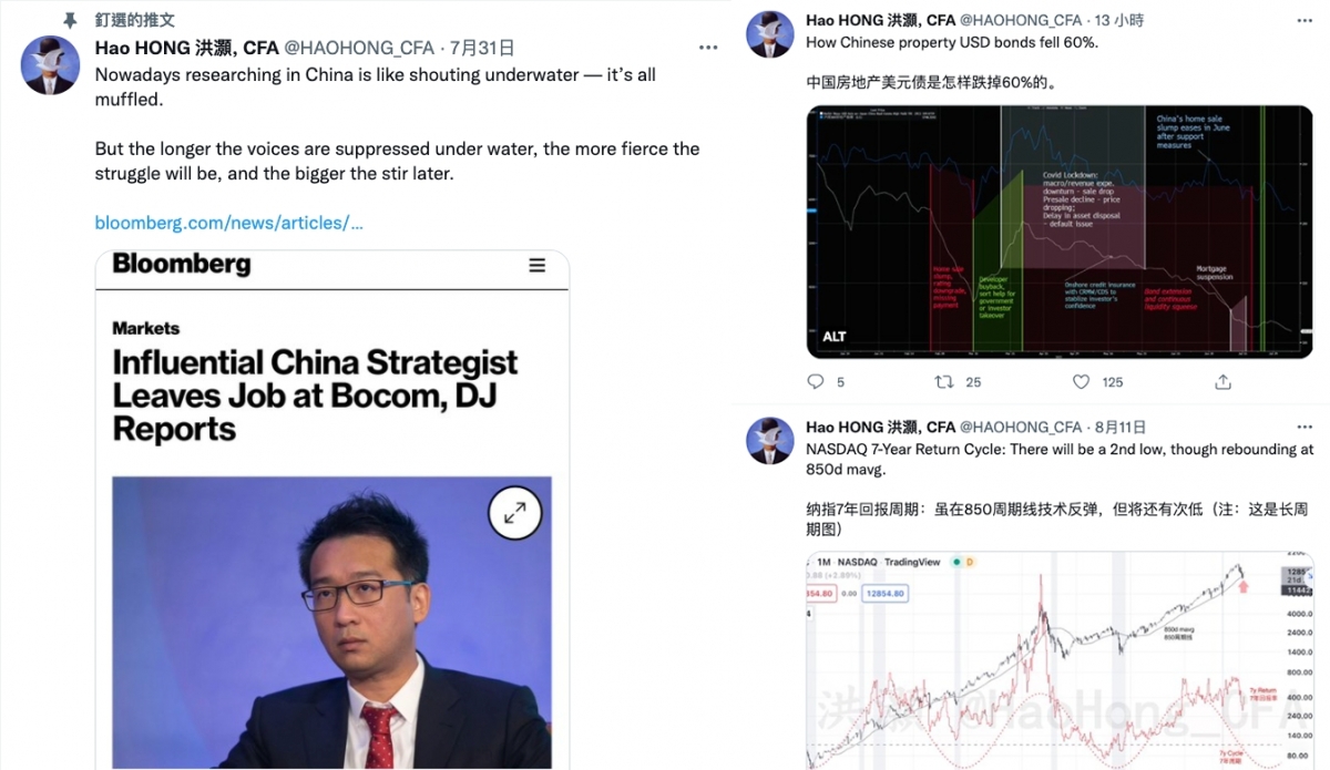 洪灝的內地微博帳戶遭封殺後，改於較自由的Twitter繼續發表財經評論。