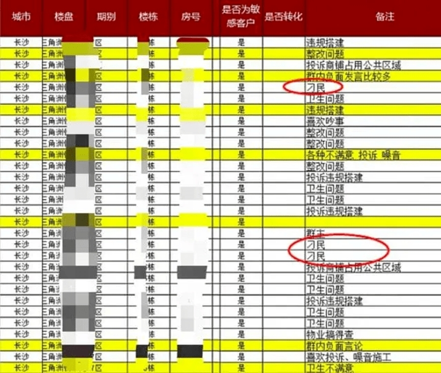 表格除了列明樓棟和房號,備註上還涉及他們曾經提出的訴求,甚至是物業公司為業主「添加」的特殊標籤。