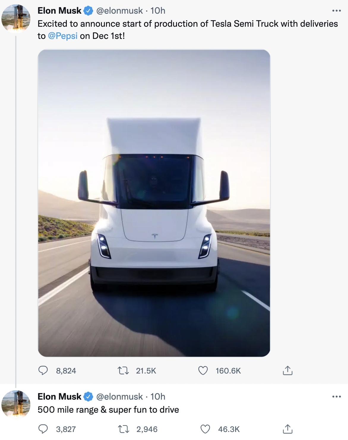 在幾經展延後，Tesla創辦人馬斯克（Elon Musk）6日終於在Twitter上發佈Semi開始生產的好消息。