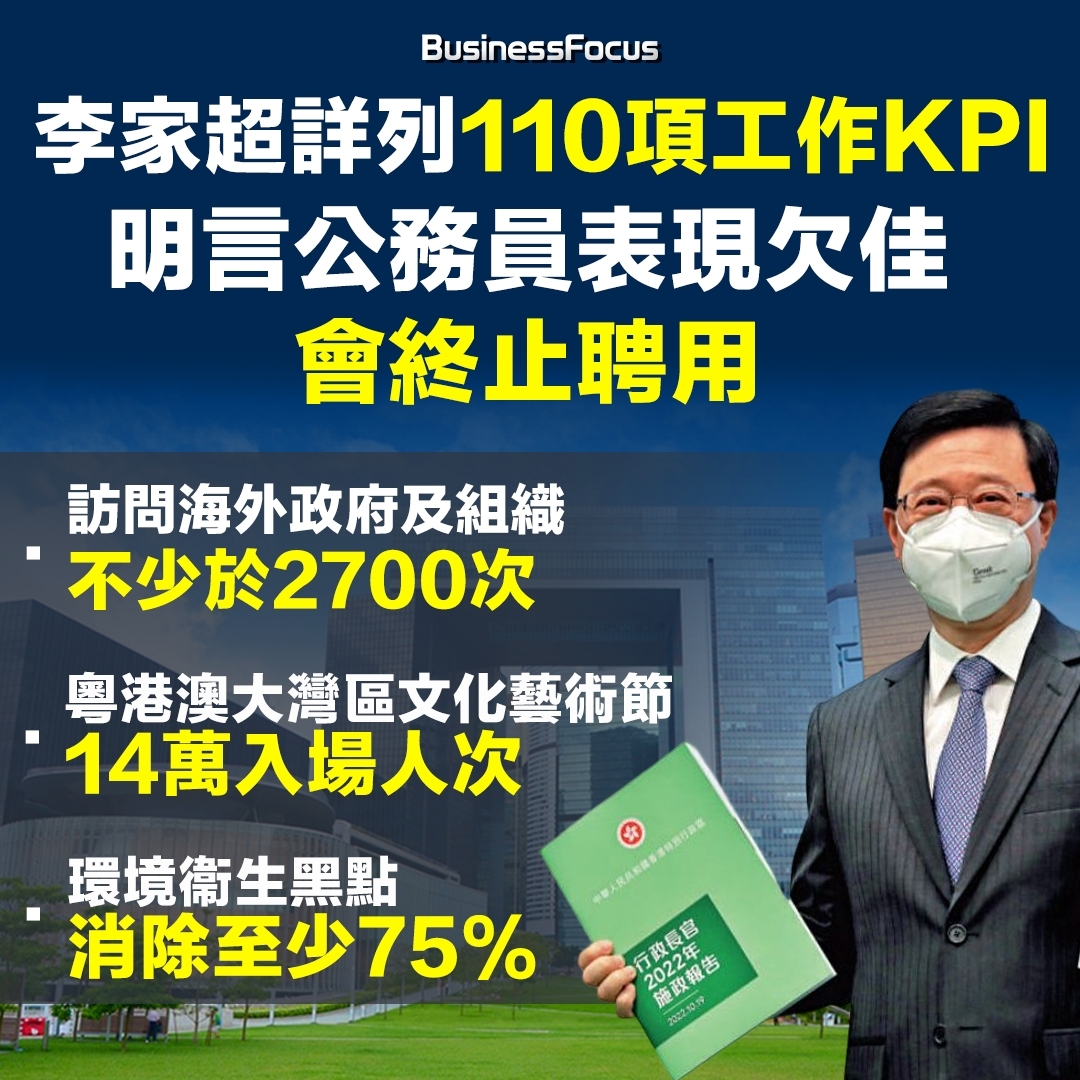 自參選以來已強調「以結果為目標」的李家超，為指定項目訂立的110個不同指標，並寫明負責部門。。